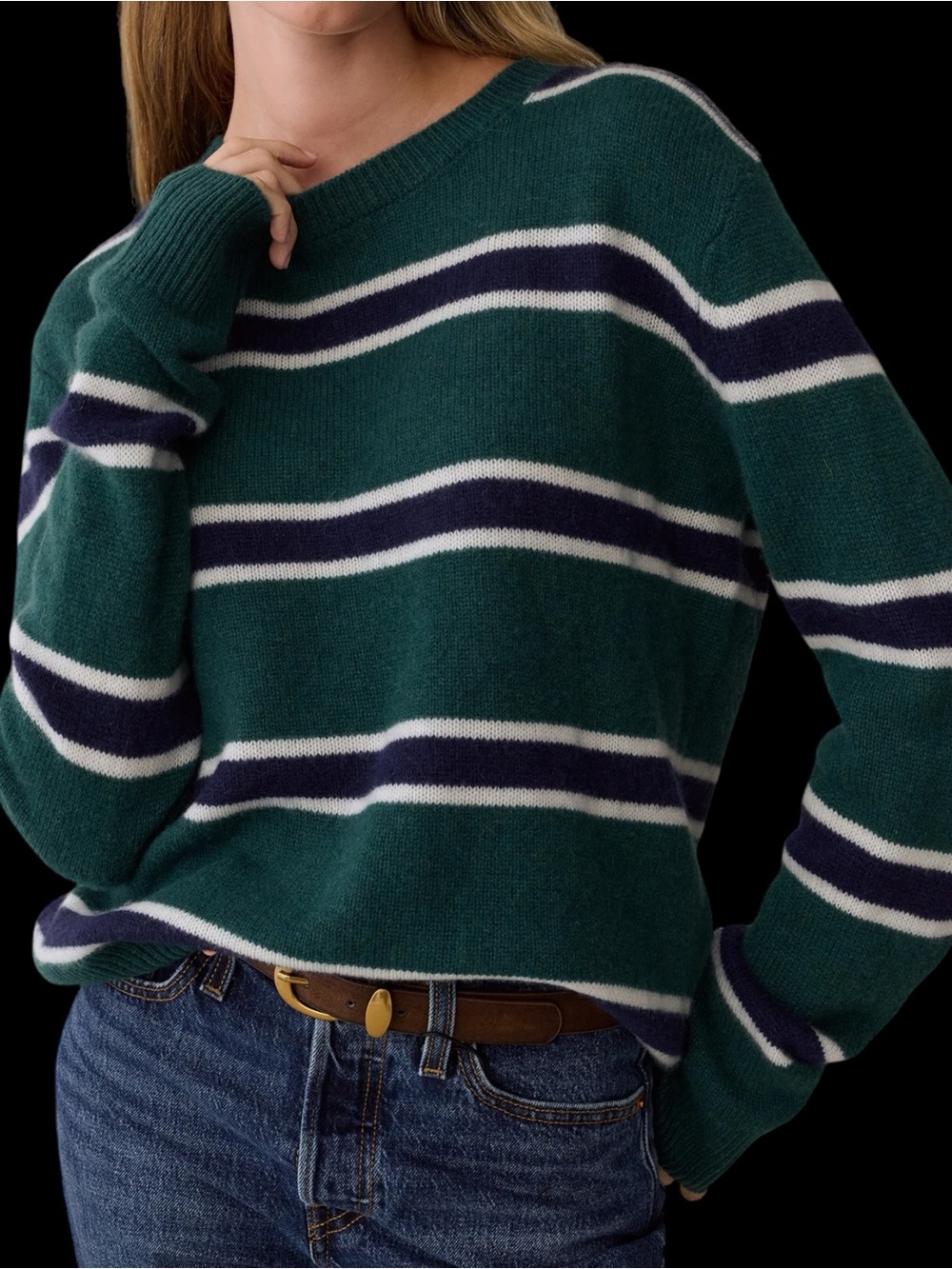 Few Moda Caara Sofia Cashmere Sweater Striped Crewneck Teal Coast Forest Green